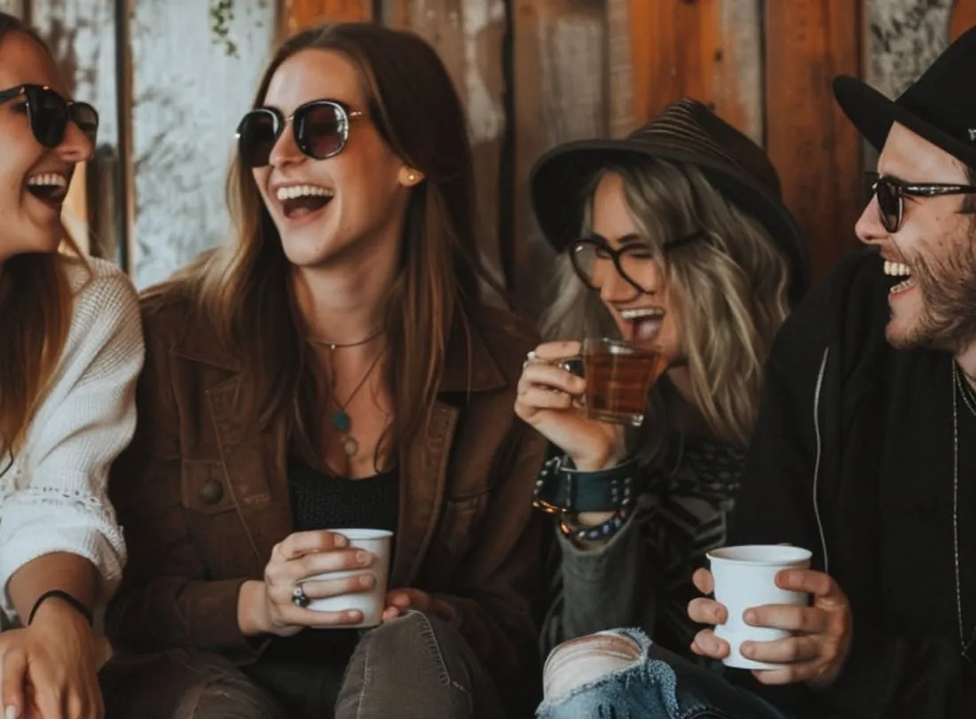 Amigos riendo y compartiendo un café